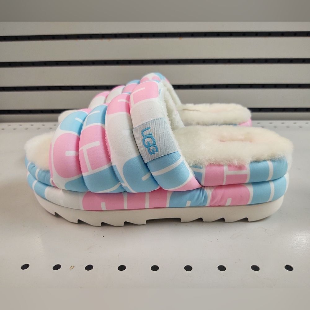 UGG Pride Slide Platform Fur Slippers Pink Blue White Womens Size 8 Lamb Fuzzy
